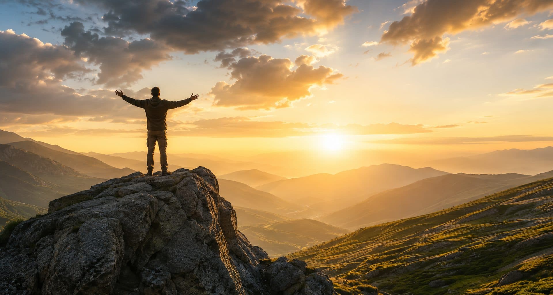 A person standing on a mountain summit at sunrise, arms raised